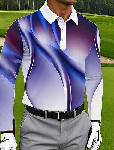  בגדי ריקוד גברים גאומטרי גולף פּוֹלוֹ שרוול ארוך חולצות פולו דש יום יומי בָּחוּץ בגדי ספורט ומנוחה לבוש יומיומי הדפסת תלת מימד כפתורים אביב סתיו חורף ורוד כהה פול תלתן