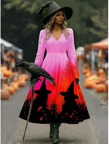  Halloween Nők Boszorkány Nyomtatott Midi Ruha A-vonalú Ruha Vakáció Hétköznapi Esküvői Party Születésnapi Rendszeres Fazon Virágos Grafika Rózsaszín 3/4 Hosszú Ujjú V Nyakú Sárga Rózsaszín Kék