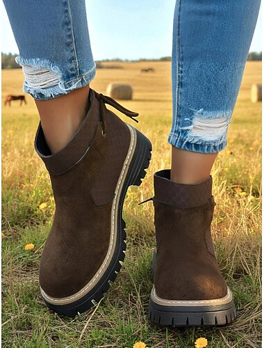  dames koffiekleurige imitatiesuède enkellaarsjes met dikke zool, casual boerderijstijl voor herfst- en buitenkleding