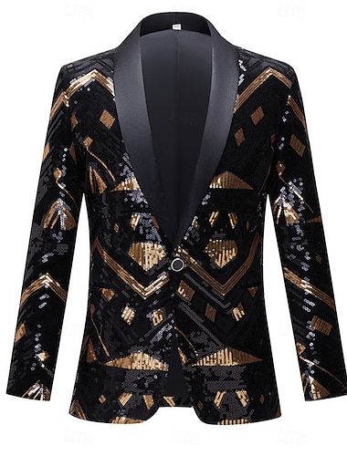  Per uomo Giacca blazer Collo a scialle Moda Geometrico Blazer Nero e Oro Vestibilità aderente Monopetto Un Bottone