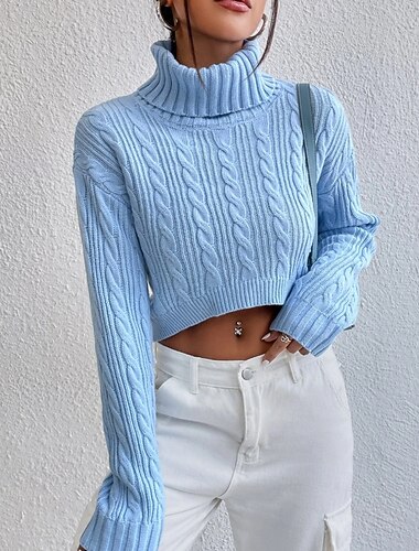  Per donna Felpa Maglione Moda Casual Colore Puro A Coste Dolcevita Lavorato a maglia Manica Lunga Top corti Maglia All'aperto Quotidiano Weekend Blu Autunno Inverno