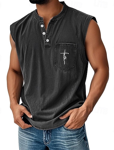  Voor heren Vest Top Onderhemd Mouwloos shirt Mouwloos Henley Alle seizoenen Geloof Modieus Ontwerper Zak Kledingstuk geverfd Vakantie Straat Uitgaan Zwart Blozend Roze Donker Marine Top T-shirt voor