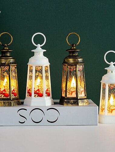  1 linterna de mano vintage navideña de 14,8 x 6,5 cm, luz LED electrónica tipo vela para interiores y exteriores, decoración de escritorio, luz colgante, muñeco de nieve, Papá Noel, ag13 x 3 pilas