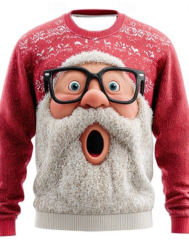  Stygg julegenser Herre julenissen 3D-tegneseriefigur Pullover genser Strikketøy Crewneck Fritid Feriereise Daglig Festival 3D-utskrift Hold Varm Langermet Vår Høst Vinter Rød -1 Rød -2 Rød -3