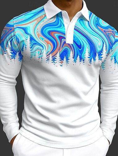  Men's Abstract Geometic Polo Long Sleeve Polo Shirts Lapel Casual Athleisure Daily Wear 3D Print Buttons Spring Fall Winter Blue Orange