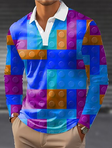  Hombre Geométrico Polo Manga Larga Camisas de polo Diseño Casual Exterior Calle Ropa Deportiva Ropa Cotidiana Impresión 3D Botones Primavera Otoño Invierno Amarillo Azul Piscina