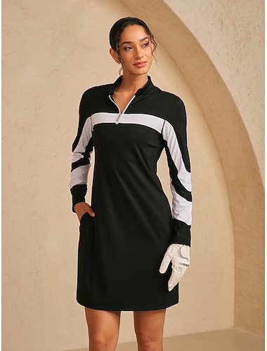  בגדי ריקוד נשים שמלת גולף שחור עם לבן שרוול ארוך שמלות נשים בגדי גולף בגדי תלבושות ללבוש ביגוד