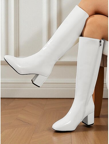  Damen weiße kniehohe Blockabsatz-Modestiefel – schicke Retro-Langstiefel für Partys, Kostüme und stylische Winteroutfits