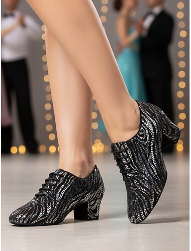  Professionele Latijns-Amerikaanse dansschoenen voor dames met blokhak, glitterpatroon en vetersluiting voor ballroomdansen en feestelijke evenementen