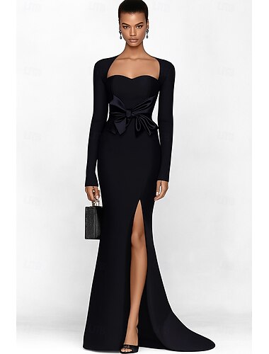  Trompet zeemeermin Tot de grond Avondjurken Baljurk  Formele kleding Elegant Zijdeachtig Lange mouw Vierkante hals Bruiloft Formeel Stretch crêpe met Strik(ken)