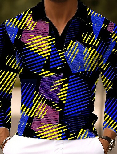  Hombre Geométrico Polo Manga Larga Camisas de polo Diseño Casual Exterior Ropa Deportiva Ropa Cotidiana Impresión 3D Botones Primavera Otoño Invierno Amarillo Azul Piscina Verde Trébol