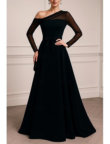  abito da sera elegante a trapezio con cravatta nera, abito formale da sposa formale, lungo fino al pavimento, manica lunga, spalle scoperte, tasca in raso con pieghe 2025
