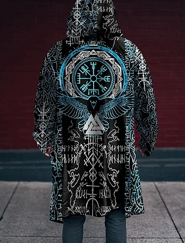  Miesten Viikinki Talvitakki Fleecetakki Takki Pidä lämpimänä Mukava Vintage Kausaliteetti Arki-asut Vetoketju Tasku 3D-tulostus Syksy Talvi Hupullinen Pitkähihainen Sininen