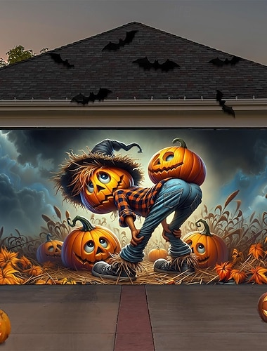  Copertura per porta da garage di Halloween, spaventoso spaventapasseri con zucche, striscione con campo infestato, arazzo con sfondo di scena horror inquietante per recinzione da esterno, decorazione