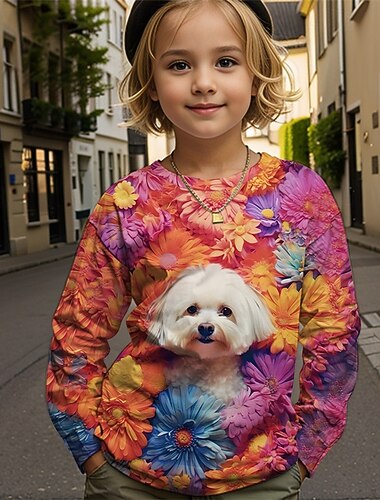Jungen 3D Blumen Hund T-Shirt Langarm Frühling Herbst Mode Basic Kinder 4-12 Jahre Rundhalsausschnitt Outdoor Lässig Täglich Normale Passform   Jungen 3D Blumen Hund T-Shirt Langarm Frühling Herbst Mode Basic Kinder 4-12 Jahre Rundhalsausschnitt Outdoor Lässig Täglich Normale Passform