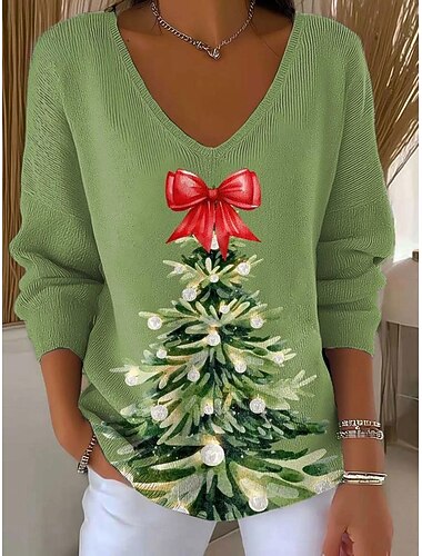  Damen Pullover Mode Niedlich Streetwear Grafik Weihnachtsbaum V Ausschnitt Gestrickt Langarm Normale Oberteile Stricken Outdoor Dunkelgrün Grün Frühling Herbst