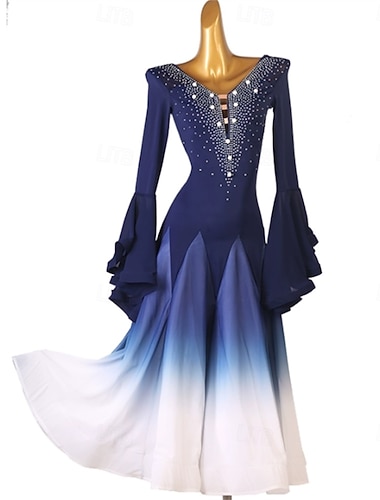  blaues Ombre-Tanzkleid für Damen mit Strass-Details, Glockenärmeln und ausgestelltem Rock – ideal für Latein, Tango und als Bühnenkleidung
