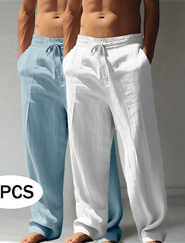  Homme Pantalons en Lin Pantalons Pantalon d'été Pantalons Amples Pantalons de Plage Cordon de serrage Taille Élastique Jambe Droite Uni Confort Respirant Longueur complète Occasionnel Quotidien Fête