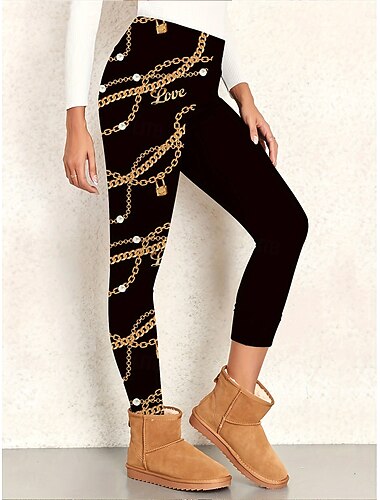  Dame Bukser Leggings Koselige leggings Ferie Årgang Gatemote Full lengde Naturlig Grafisk Kjeder Skriv ut Elastisk midje Trykt mønster comfy Utendørs Bekvem Elastisk utendørs Feriereise Gateklær Svart