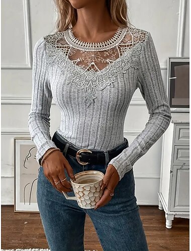  Damen Bluse Einfarbig Elegant Stilvoll Basic Langarm Rundhalsausschnitt Normale Oberteile Täglich Spitze Patchwork Schwarz Weiß Rosa Purpur Grau Frühling Herbst Winter