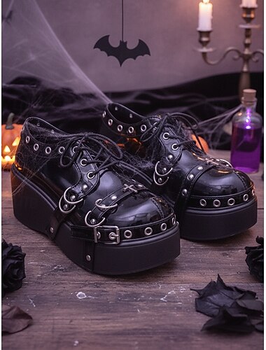  Dames gothic plateauschoenen met schedel- en studdetails - punkrock-stijl veterlaarzen voor Halloween-feestmode