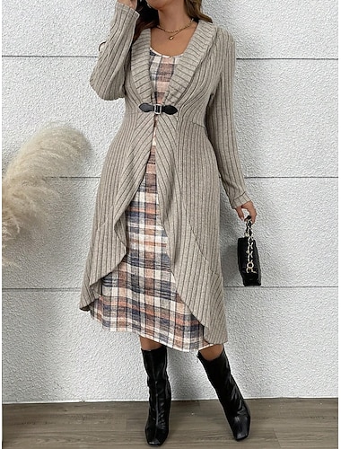  Damen Pullover Pullover Kleid Pullover-Set Elegant Mode Streetwear Karomuster Gerippt V Ausschnitt Patchwork Druck Langarm Lange Oberteile Stricken Outdoor Täglich Wochenende Khaki Herbst Winter