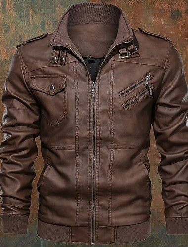  Voor heren Jas van imitatieleer Bikerjack Motorjas Vakantie Dagelijks Winddicht Houd Warm Zak Herfst Winter Effen Modieus Klassiek Opstaand Normaal Rood Grijs Jacks