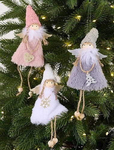  3 kerstengel ornamenten, creatieve roze engelen van pluche hangende decoraties, harige lammetje beeldjes, kleine kerstversieringen, doe-het-zelf decoraties voor de feestdagen