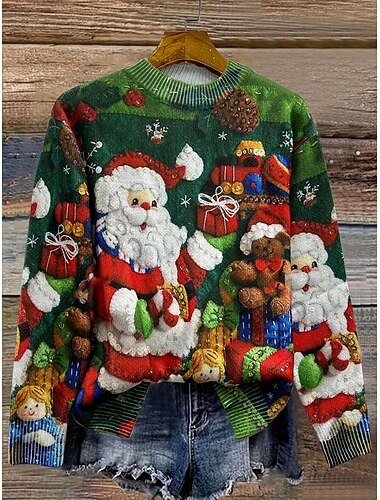  Kerstmis Dames Sweater Pullover Dagelijkse Casual Grafisch Claus Geribbelde Crew Neck Gehaakt Print Lange Mouw Reguliere Tops Gebreid Buiten Weekend Groen Herfst Winter
