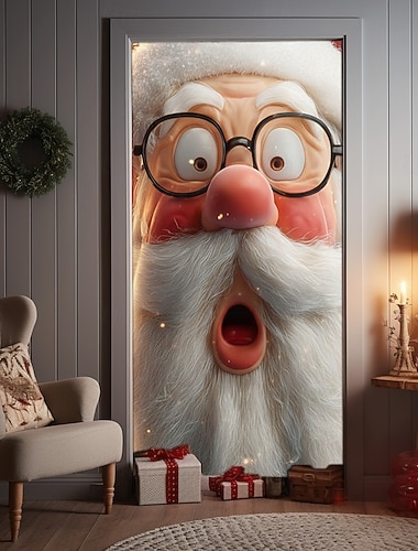  クリスマスドアカバー、冬のホリデーデコレーション、ドレープ、サンタクロースの顔の拡大プリント、家の玄関、リビングルーム、寝室、屋内、屋外、壁掛け、お祝い、季節のホームデコレーション用