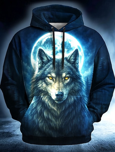 Pánské MOON Vlk 3D Kapuce Mikina Chladný Denní Tričkový Klub Streetwear Vodní modrá Fialová Šňůrky Podzim Zima Návrhář