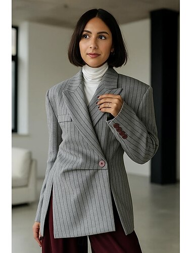 blazer esportivo listrado feminino &Vestido formal flare para convidados de casamento, elegante, manga longa, lapela pontuda, abotoamento duplo   blazer esportivo listrado feminino &Vestido formal flare para convidados de casamento, elegante, manga longa, lapela pontuda, abotoamento duplo