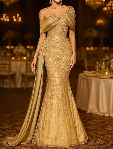  Sirène / Trompette Longueur au sol Robe de bal avec cape Robe de Soirée Tenue de soirée Élégant Scintillant Éclat Sans manches Épaules Dénudées Formel Mariage Pailleté avec Paillettes