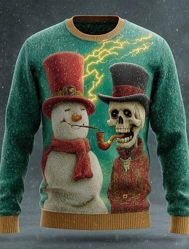  Stygg julegenser Herre Snømann Pullover genser Strikketøy Crewneck Fritid Feriereise Daglig Festival 3D-utskrift Hold Varm Langermet Høst Vinter Grønn 1# Grønn