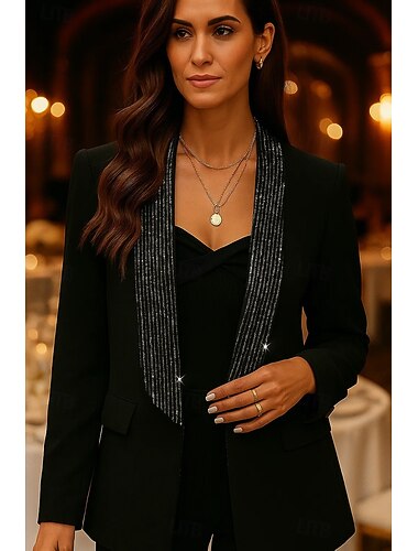 Blazer feminino preto com lantejoulas, casaco esportivo formal para festa de casamento, elegante, manga comprida, xale, lapela, bolsos com aba, abotoamento simples