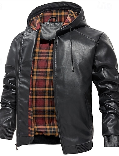  男性用 レザージャケット オートバイのジャケット バケーション 日常 防風 保温 ポケット 秋冬 平織り ファッション クラシック フード付き レギュラー ブラック ワイン ブラウン ジャケット