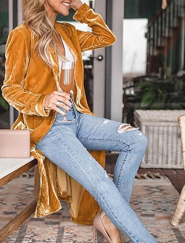  نسائي معطف بليزرات مخملية مريح الأمام مفتوح كاجوال سهل عطلة مناسب للبس اليومي عطلة نهاية الاسبوع طويلة V رقبة فضفاض صالح كم طويل ملابس خارجية أسود أصفر أحمر الخريف الشتاء