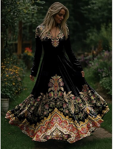  Karácsony Női Maxiruha Rakott ruha Buli Alkalmi Boho Napi Randi Alkalmi Normál Törzsi Hosszú ujj V-alakú Fekete Rubin Ősz Tél