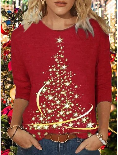  T-shirt grafica vintage di moda per donne a tema natalizio elegante manica lunga collo a crew collo tondo regolare tops stampa quotidiana weekend nera rossa blu verde primavera autunno inverno