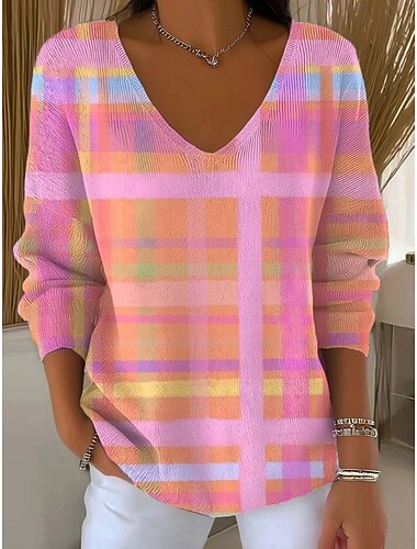  Per donna Felpa Elegante Moda Streetwear Grafico Geometrico Plaid Scollo a V Lavorato a maglia Manica Lunga Top Regolari Maglia Weekend Rosa Marrone chiaro Primavera Autunno