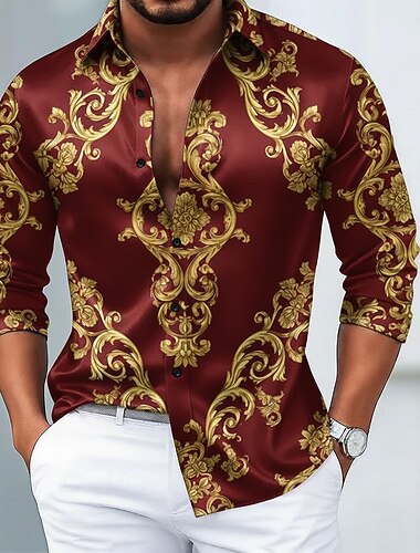  בגדי ריקוד גברים פרחוני בָּארוֹק חולצה חולצת סאטן שמלת שמלה שרוול ארוך רטרו וינטג' חופשה לבוש ליום קיץ אביב סתיו צווארון מתקפל הדפסת תלת מימד חולצות מכופתרות שחור לבן בורגנדי פול