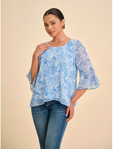  Per donna Femminile Paisley Casuale Azzurro cielo Manica 3/4 Elegante Casual Quotidiano Girocollo Estate Primavera Autunno