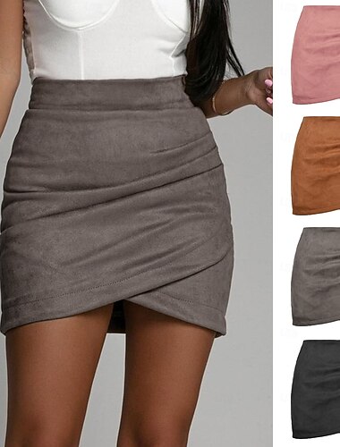  Dame الالتفاف A-linje Elegant Mote Mini Høy Midje Skjørt عادي Mikroelastisk Gate Stevnemøte Svart Rosa Kakifarget Grå Vår Semsket