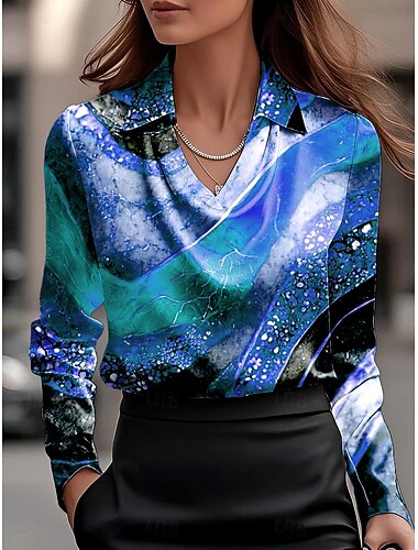  Per donna Camicia Ombre Grafico Geometrico Elegante Casual Manica Lunga Scollo a Cascata Top Regolari Lavoro Abbigliamento da sera Quotidiano Arricciato Drappeggiato Rosa Blu Arancione Autunno Inverno