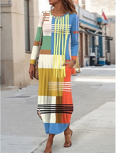 Per donna Abito Midi Tubino Vestito T-Shirt Vacanza Casual Boho Ferie Data Vestibilità regolare Grafico Geometrico Astratto Manica Lunga Girocollo Giallo Rosa Blu Viola Primavera Autunno Inverno
