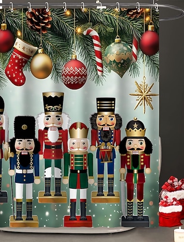  Rideaux de douche de Noël Casse-Noisette Boules de décoration d'arbre de Noël Bas de Noël Tissu polyester imperméable moderne Décoration de salle de bain avec crochets Décoration de vacances d'hiver festive saisonnière