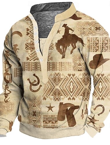  Homens Tribal Moletom Étnico 3D Vintage retrô Manga Longa Gola Alta Presente Viagem Streetwear cáqui Azul Escuro Frente do botão Outono Inverno Designer S M L XL XXL XXXL