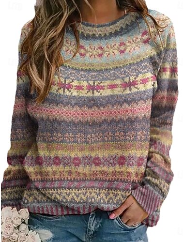  Per donna Felpa Casual Grafico Geometrico A righe Girocollo Patchwork Lavorato a maglia Manica Lunga Top Regolari Maglia Lavoro Giallo Rosa Autunno Inverno