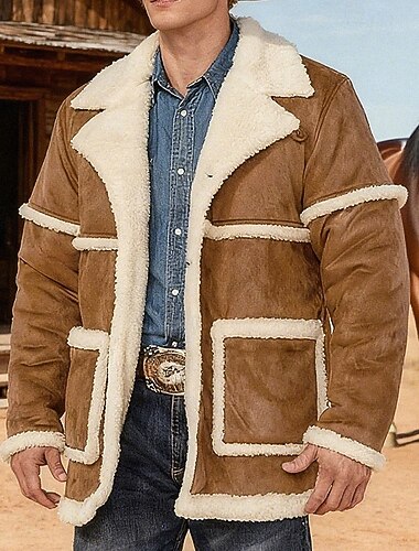  Herre Imitert semsket jakke Vinterjakke Sherpa jakke Feriereise Daglig Hold Varm Lomme Fleece Vinter Fargeblokk Mote Gatemote Knaphul Normal Kakifarget kaffe Jakker