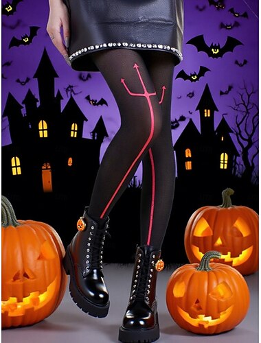  Dames zwarte duivels drietand Halloween sokken, gotische kousen met rode hooivorkprint voor kostuumfeesten en griezelige feesten